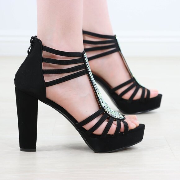 Black Rhinestone T-Strap Platform Sandals Women’s Block Heel Evening Party Shoes - Picture 12 of 16